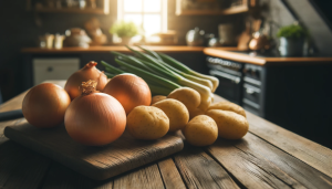 A close-up of a wooden kitchen countertop with a bunch of onions and a bunch of potatoes placed separately. The onions are on one side and the potatoes on the other, with a clear gap between them. The scene is well-lit with natural light coming from a nearby window, highlighting the textures and colors of the vegetables. In the background, there's a hint of a cozy kitchen setting with a rustic feel.