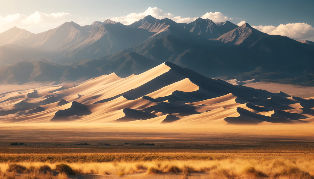 A vast desert landscape with towering sand dunes, the tallest reaching heights of over 750 feet. The dunes are golden and glistening under the bright sun, with the backdrop of the rugged Sangre de Cristo Mountains in the distance. The sky is clear blue, and a few sparse desert plants can be seen in the foreground. The scene is vast, serene, and majestic, capturing the natural beauty and grandeur of the Great Sand Dunes in Colorado.