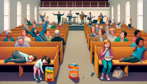A humorous scene inside a modern traditional Baptist church. A child is sleeping on a pew, a girl is eating Cheerios out of a bag, and various people are engaged in worship with different levels of enthusiasm: some have one hand up, some have two, some have one hand halfway up, and some are not participating. Half of the congregation is actively into worship, while the other half shows varying levels of disengagement. One man has a frowny face, clearly not enjoying it. On the stage, there is a typical worship band with a piano, guitar, and a couple of singers. The setting is light-hearted and comical, with the congregation facing the stage, filling the entire frame from edge to edge without color bars.