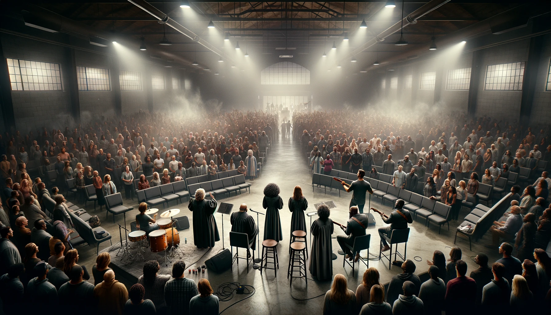 A lively scene of a new church's first Sunday service inside a packed, windowless sanctuary. The room is dark with fog on the stage, illuminated only by stage lights like a rock concert. The congregation is seated in charcoal-colored chairs on a concrete floor. There is no second deck, just blank walls. On stage, there is a full band: a drummer, two electric guitar players, a bass player, two singers, and a white rapper. The pastor, a man playing an acoustic guitar, stands with the band. In front of the stage, five black women in robes are singing on stool-like mechanisms that raise and lower them for dramatic effect. They, along with the band, are facing the crowd. A 6-foot-3 white male with dark hair and a heavier build, not wearing a robe, stands in the middle of the choir, singing joyfully. The atmosphere is filled with joy, community spirit, and vibrant energy.
