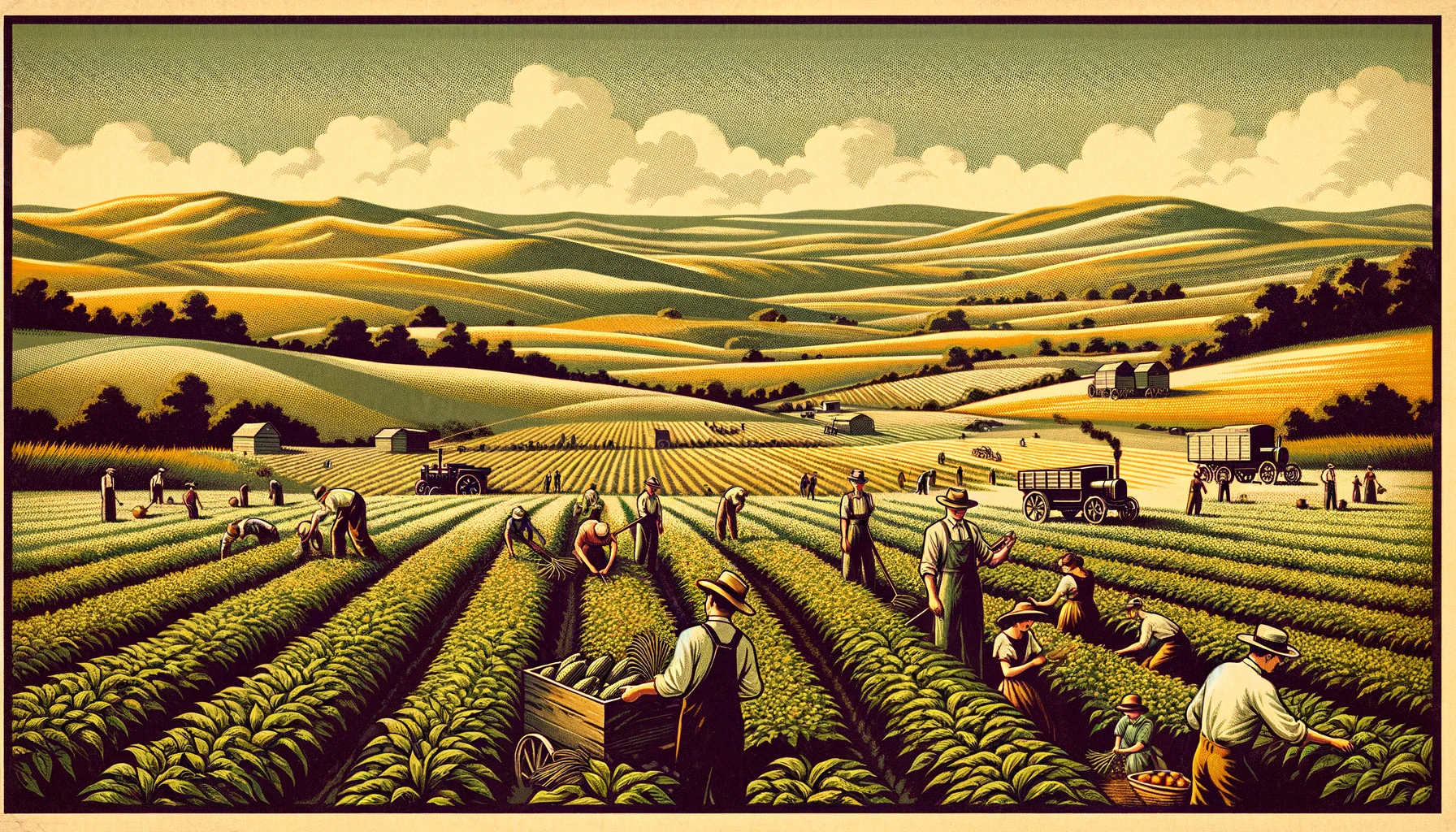 A vintage 1920s-style illustration of Kansas farmland. The scene features expansive fields of crops, with farmers working in the fields. There are rolling hills in the background, a clear sky, and a sense of community with people helping each other with produce. The art captures the essence of rural life in Kansas during the 1920s, with no urban elements or text in the image.