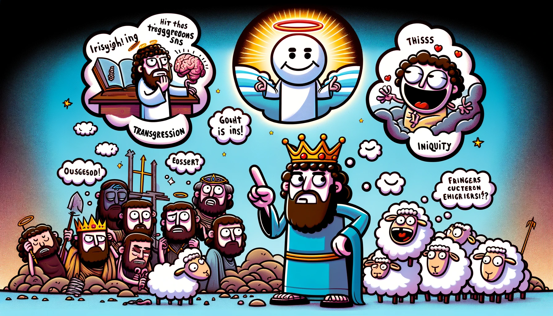 A comical graphic summarizing the concepts of sin, transgression, and iniquity in a biblical context. The graphic features a cartoon King David with a thought bubble showing his famous sins, such as his affair with Bathsheba and the orchestration of Uriah's death. Above David, a divine light shines with a smiley face symbolizing God's forgiveness. In the background, playful illustrations of sheep with exaggerated expressions represent the wayward nature of humanity. The style should be light-hearted and colorful, with a touch of humor to convey the seriousness of the message in a fun way.