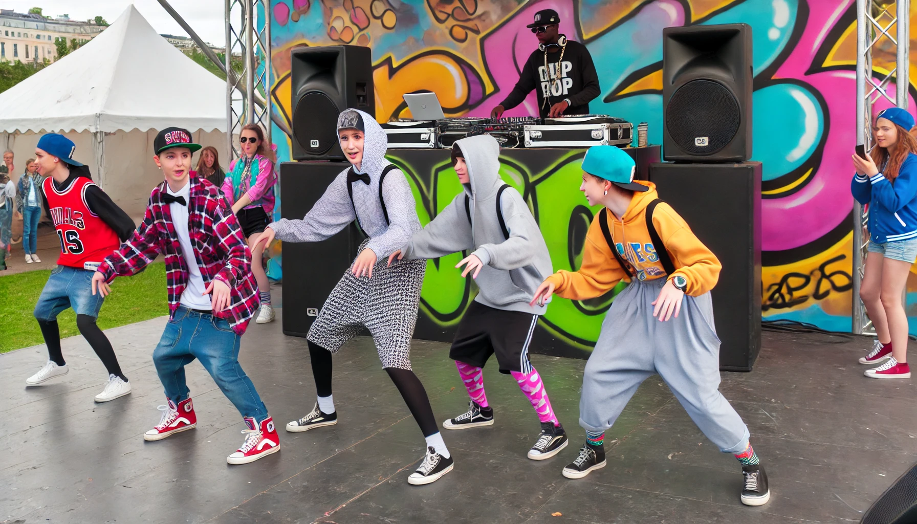 A comical scene of teens dressed in fashionable hip hop attire dancing the Louisiana Jig to hip hop music at an outdoor festival. The dancers are wearing trendy streetwear, including baggy pants, hoodies, and sneakers, and they are striking exaggerated poses. The background shows a DJ with turntables and large speakers, with bright, graffiti-style decorations and a humorous, playful atmosphere.