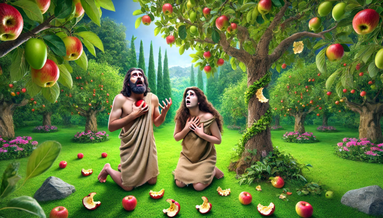 A photo-realistic, comical scene of Adam and Eve in the Garden of Eden. Adam and Eve are standing by the Tree of the Knowledge of Good and Evil. Eaten apples are on the ground. Both Adam and Eve are on their knees, holding their hearts and gasping for air with exaggerated expressions of shock and surprise. The tree is lush and full of apples, and the background is a vibrant, paradisiacal garden. The scene is humorous and overly dramatic.