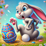 A comical and whimsical image of a rabbit squatting and just finishing giving birth to a smaller decorated Easter egg, with the egg positioned as if it has just come out of the rabbit. The rabbit should have a surprised and playful expression. The egg should be colorful with intricate designs. The background should be a vibrant spring landscape with flowers and greenery, adding to the joyful and humorous atmosphere.