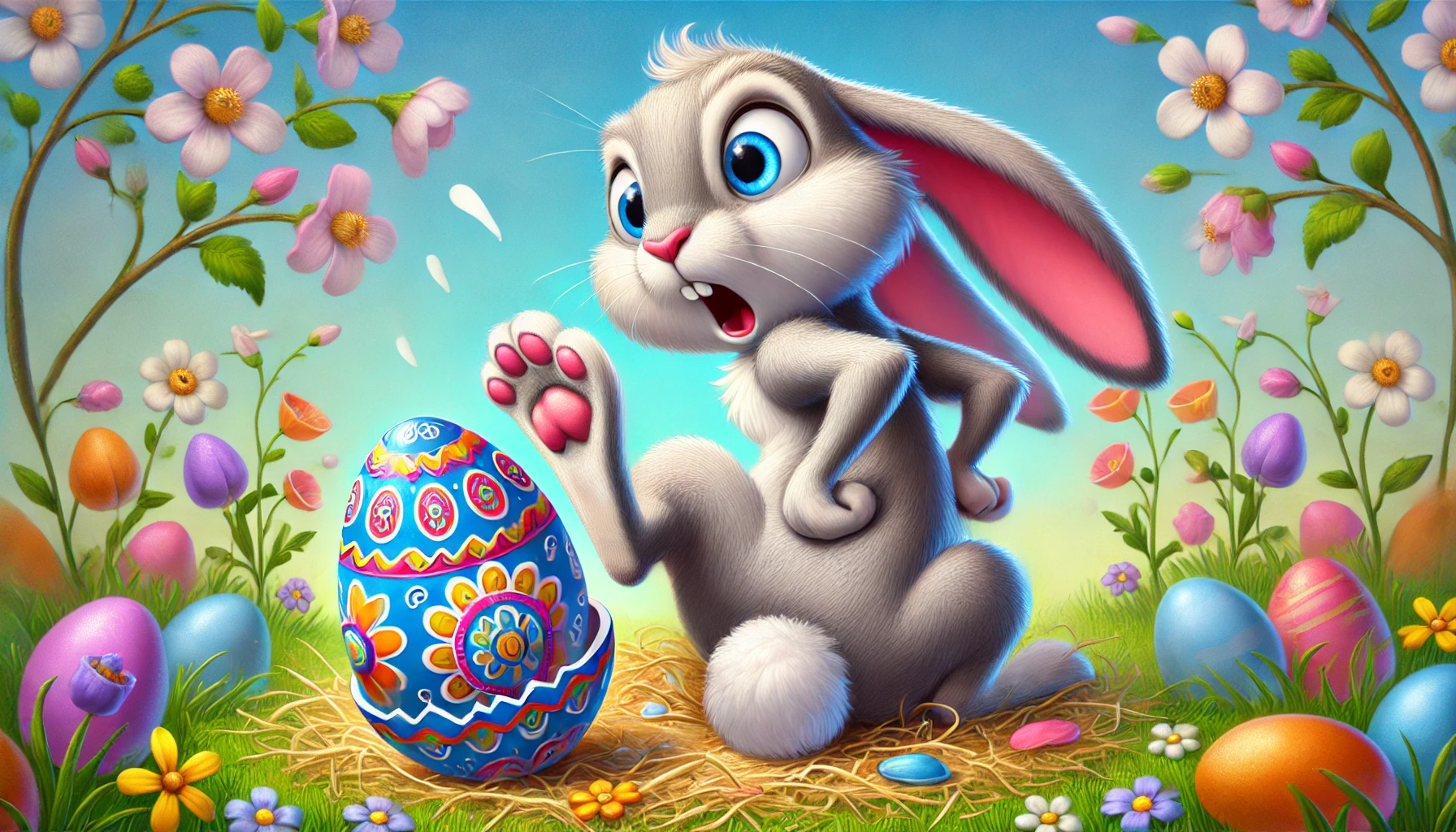 A comical and whimsical image of a rabbit squatting and just finishing giving birth to a smaller decorated Easter egg, with the egg positioned as if it has just come out of the rabbit. The rabbit should have a surprised and playful expression. The egg should be colorful with intricate designs. The background should be a vibrant spring landscape with flowers and greenery, adding to the joyful and humorous atmosphere.