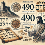 An illustration depicting the concept of the number 490 in the Bible. Show a connection between Bethlehem, represented by the 'House of Bread', and Jesus as the 'Bread of Life'. Include elements such as ancient Hebrew letters with their numerical values, a symbolic representation of forgiveness, and an image of Jesus teaching. The background could feature an ancient scroll with the Hebrew alphabet and a scene of Bethlehem. Highlight the numerical values of the letters that add up to 490.