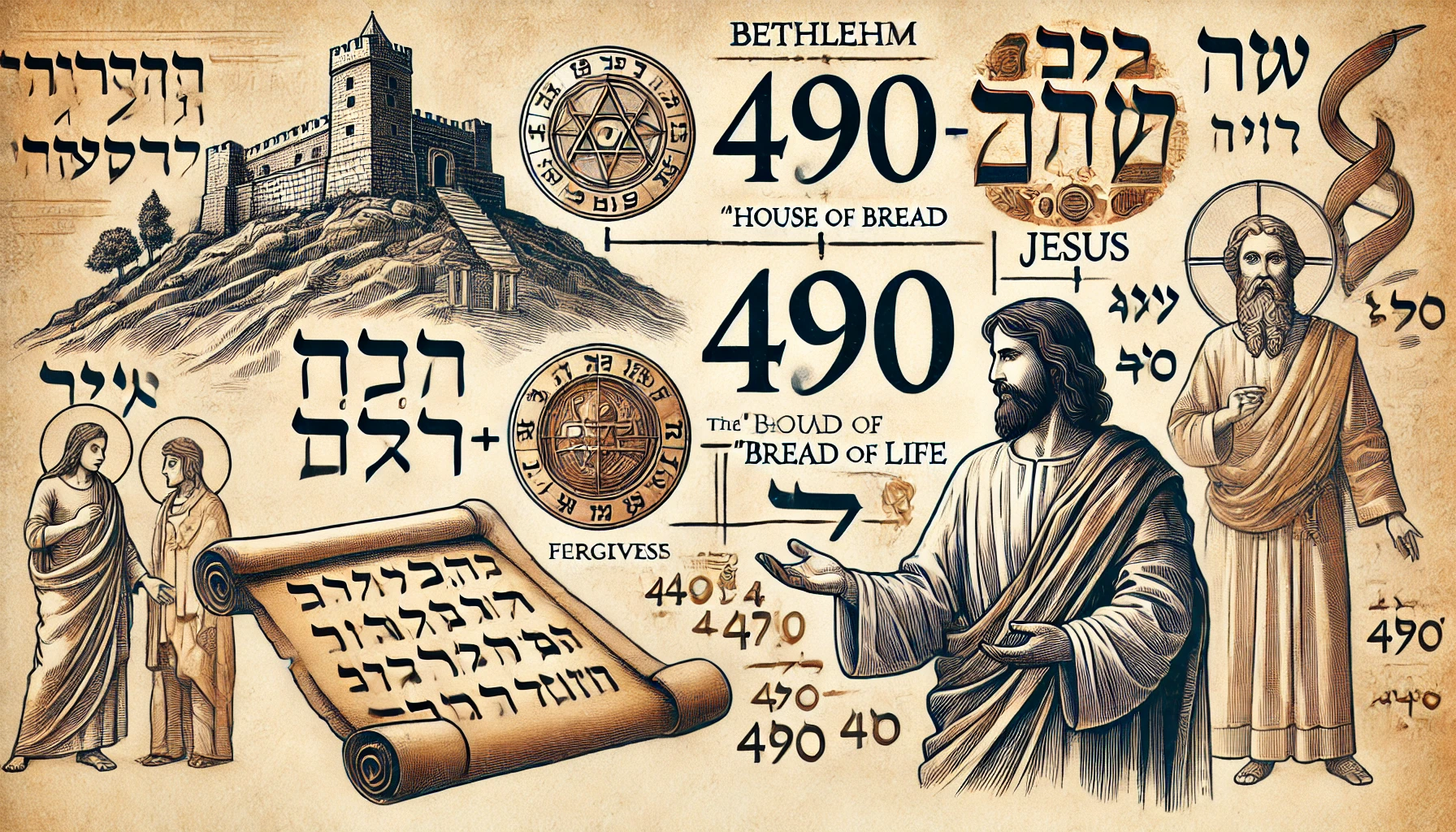 An illustration depicting the concept of the number 490 in the Bible. Show a connection between Bethlehem, represented by the 'House of Bread', and Jesus as the 'Bread of Life'. Include elements such as ancient Hebrew letters with their numerical values, a symbolic representation of forgiveness, and an image of Jesus teaching. The background could feature an ancient scroll with the Hebrew alphabet and a scene of Bethlehem. Highlight the numerical values of the letters that add up to 490.