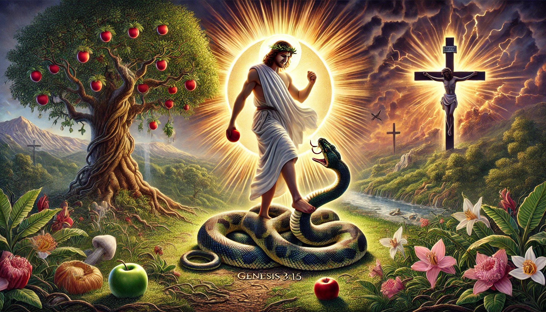 A symbolic image illustrating Genesis 3:15 with a serpent and a woman standing opposite each other. The woman is accompanied by a radiant figure (representing Jesus) who is crushing the serpent's head with His foot. The serpent is striking at the heel of the radiant figure. The background features a lush garden with a tree of knowledge, an apple, and a distant cross to signify the crucifixion. The scene is bathed in a mix of light and shadow to emphasize the struggle between good and evil. The image should have a hopeful and victorious tone.